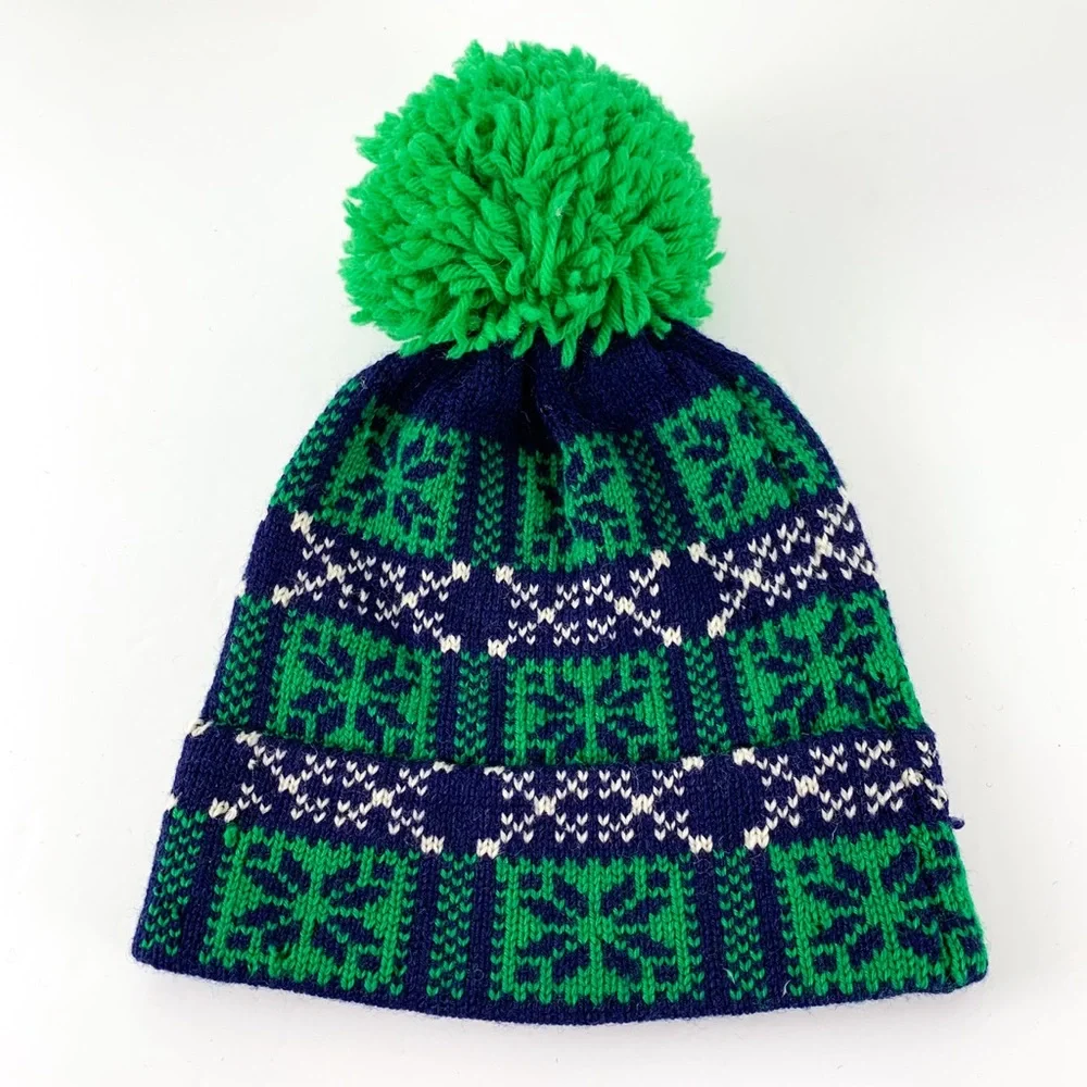 Vintage wool ski cap by IKS Aspen heavy knit pom pom beanie blue & green - Picture 5 of 5